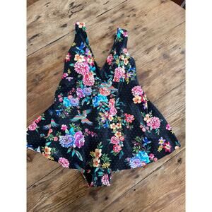 Johnny Was Sognatore Nero Back Tie Skirted Floral One Piece Swimsuit Medium NWT